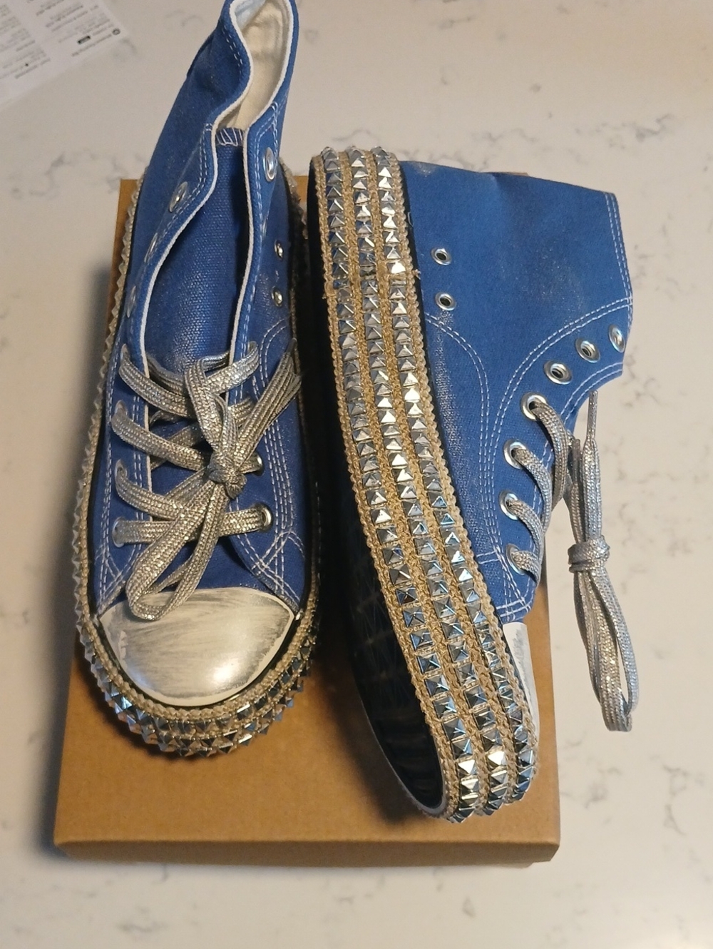 Women's Blue High-Top Studded Canvas Sneakers with Silver Laces